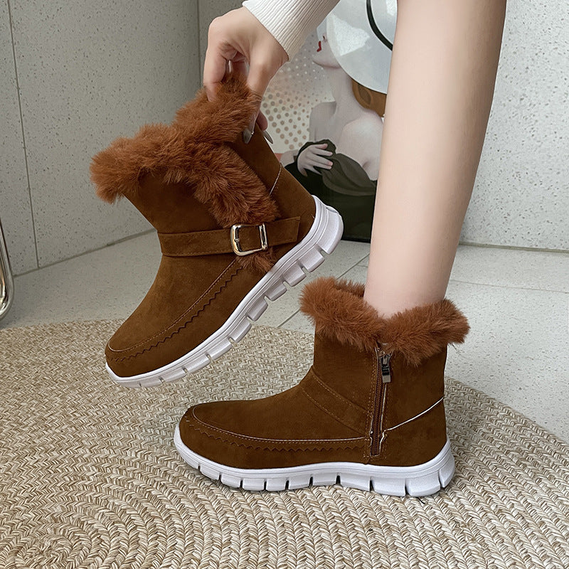 Neue Schneestiefel für den Winter, dick gefüttert, einfarbig mit Plüsch, Knöchelstiefel mit Schnallendesign und flachen Schuhen