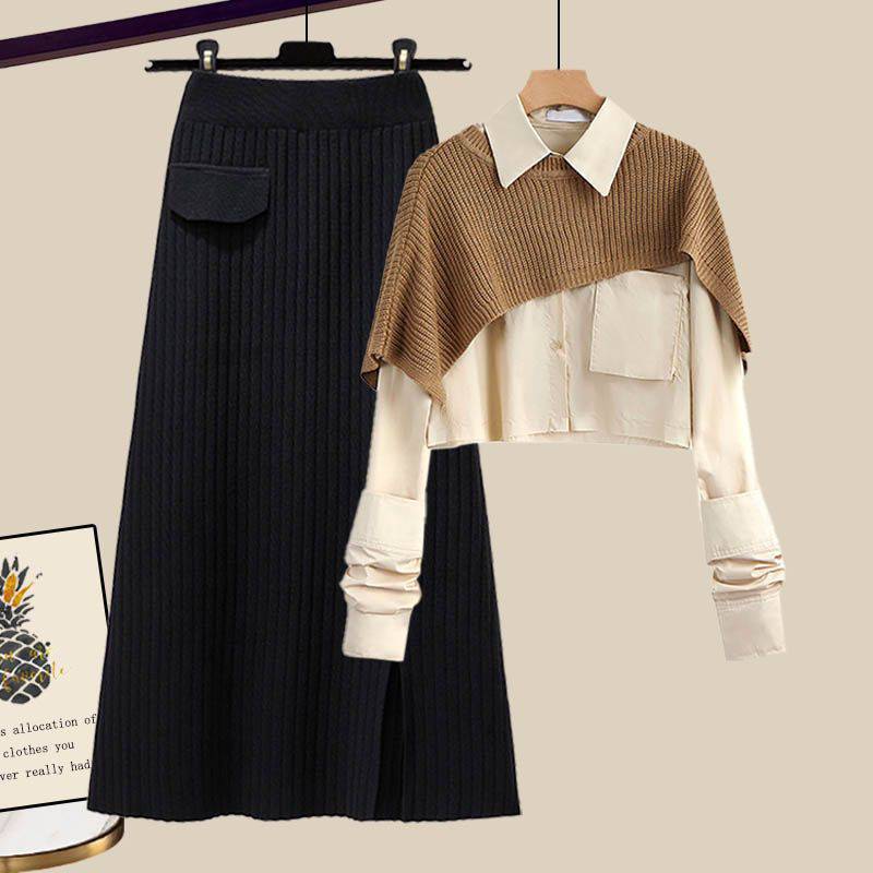 Schultertuch-Bluse mit tailliertem Strickrock- Dreiteiler-Set
