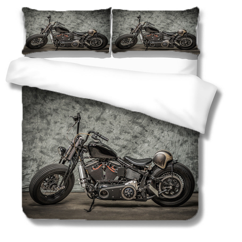Dunkle Retro-Motorrad-Bettbezug-Dreiteiler-Set