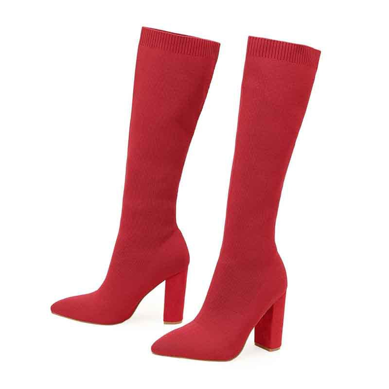 Dicke Socken hochhackige Overknee-Stiefel für Frauen.