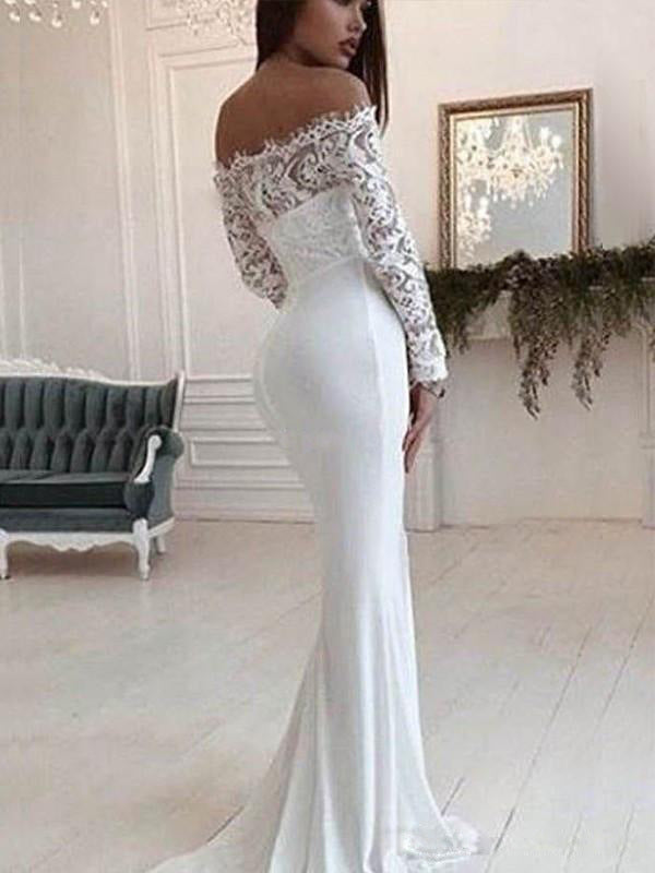 Hochzeit Schulter-Spitzenkleid mit langen Ärmeln und Schleppe