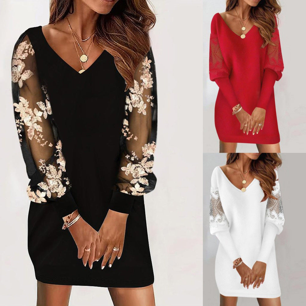 Langärmeliges Kleid mit V-Ausschnitt Frühling und Herbst