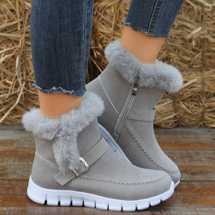 Neue Schneestiefel für den Winter, dick gefüttert, einfarbig mit Plüsch, Knöchelstiefel mit Schnallendesign und flachen Schuhen