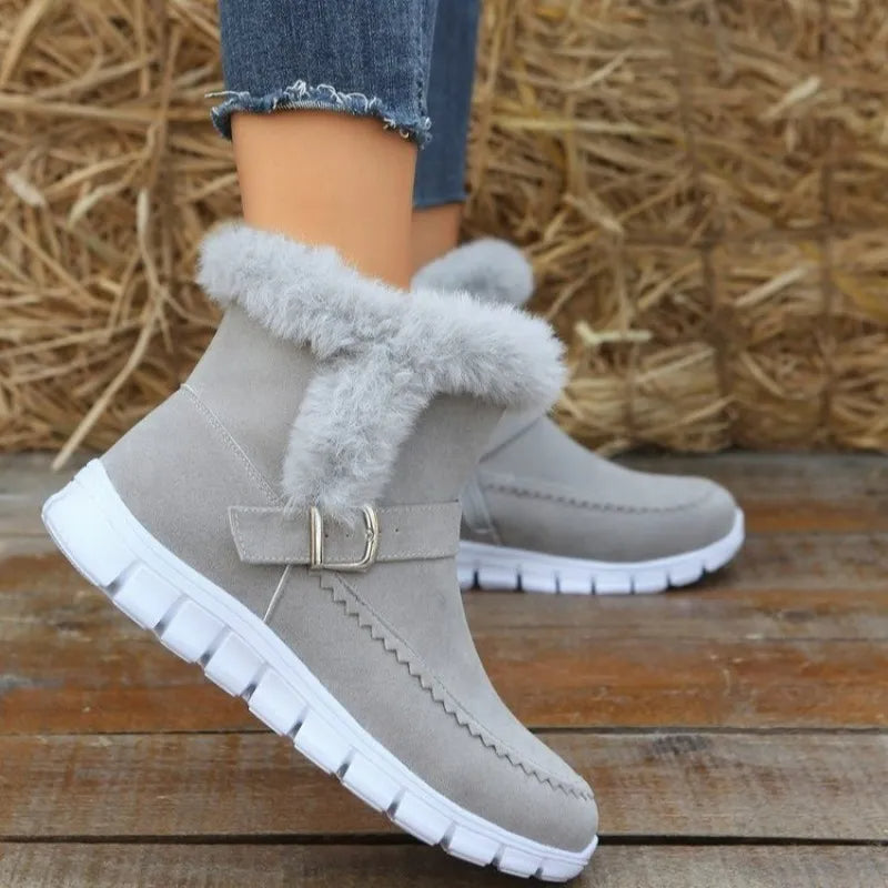 Neue Schneestiefel für den Winter, dick gefüttert, einfarbig mit Plüsch, Knöchelstiefel mit Schnallendesign und flachen Schuhen