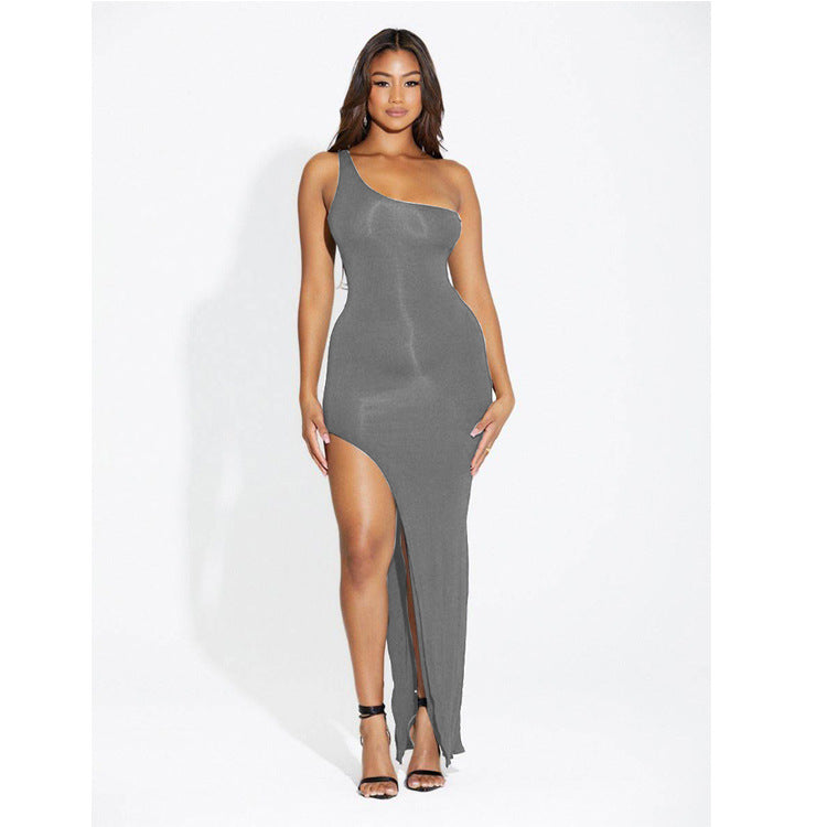 Damen Schulter Seitenschlitz Langes Enges Kleid