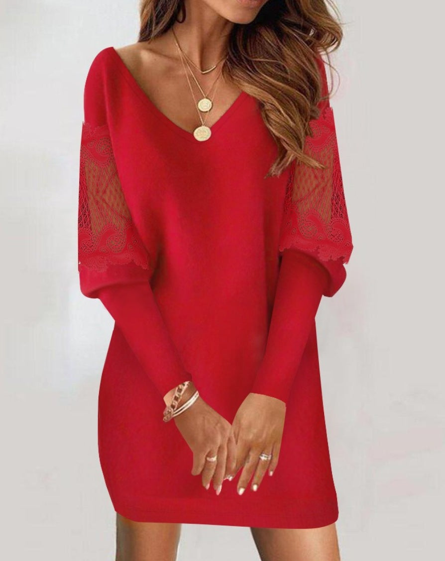 Langärmeliges Kleid mit V-Ausschnitt Frühling und Herbst
