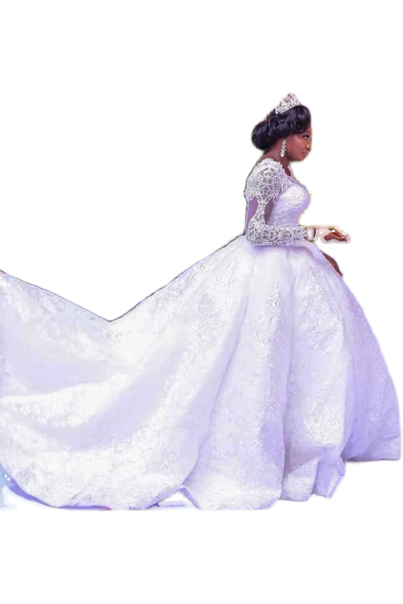 Spitzen- Hochzeitskleid mit langen Ärmeln, Rundhalsausschnitt und weitem Tutu-Rock."